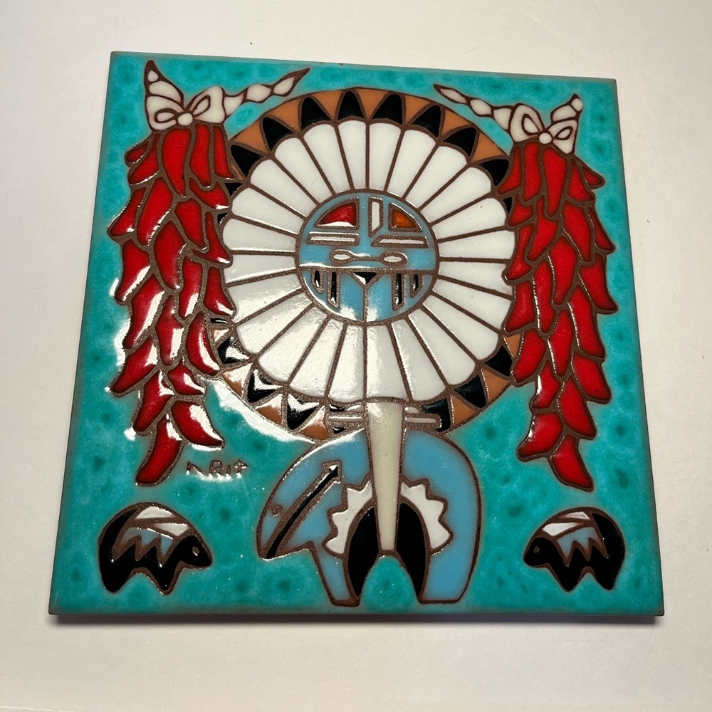 Vintage Earthtones Southwestern art tile trivet 4858x  bear fetish signed
